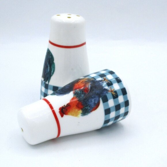 Farmhouse-Style Rooster Ceramic Salt & Pepper Shakers With Gingham Checkered Des - Picture 2 of 6